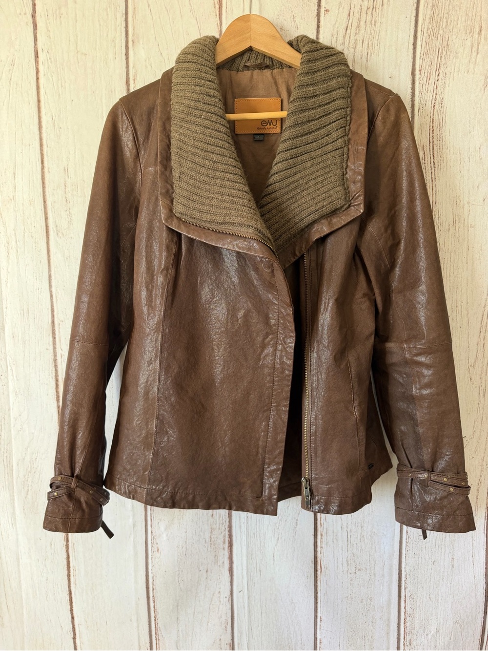 EMU Australia Brown Sheepskin Leather Jacket Size L Wool Collar Moto Coat